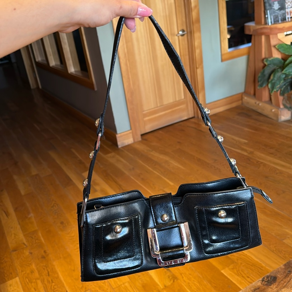 GUESS - Black Leather shoulder bag with silver hardware and Buckle detail